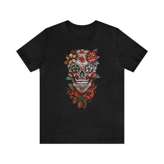 Floral Skull Art Colorful Woodcarving Inspired  T-shirt Design