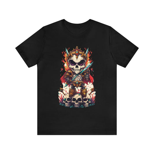 Skull Character with Sword on Pile of Skulls T-shirt Design