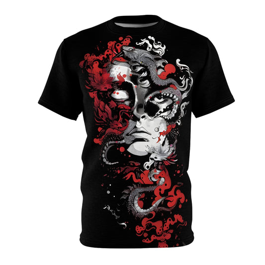 Red Floral Dragon T-shirt  Organic Forms & Fragmented Portraiture, Stylish Graphic Tees, Statement T-shirts