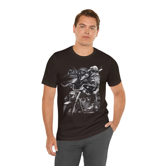 Hyperrealistic Motorcycle Rider and Boar, Ghoulpunk T-shirt Design, Unisex Jersey Short Sleeve Tee